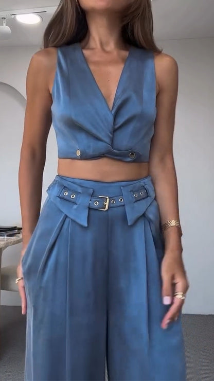 Women's V-neck Button Short Top + Trousers Casual Suit - MYSTERYBOXS