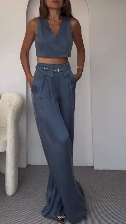 Women's V-neck Button Short Top + Trousers Casual Suit - MYSTERYBOXS