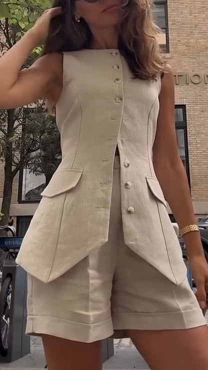 Women's Round Neck Button Vest Top + Shorts Casual Suit - MYSTERYBOXS