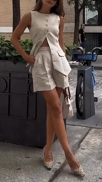 Women's Round Neck Button Vest Top + Shorts Casual Suit - MYSTERYBOXS