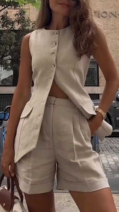 Women's Round Neck Button Vest Top + Shorts Casual Suit - MYSTERYBOXS