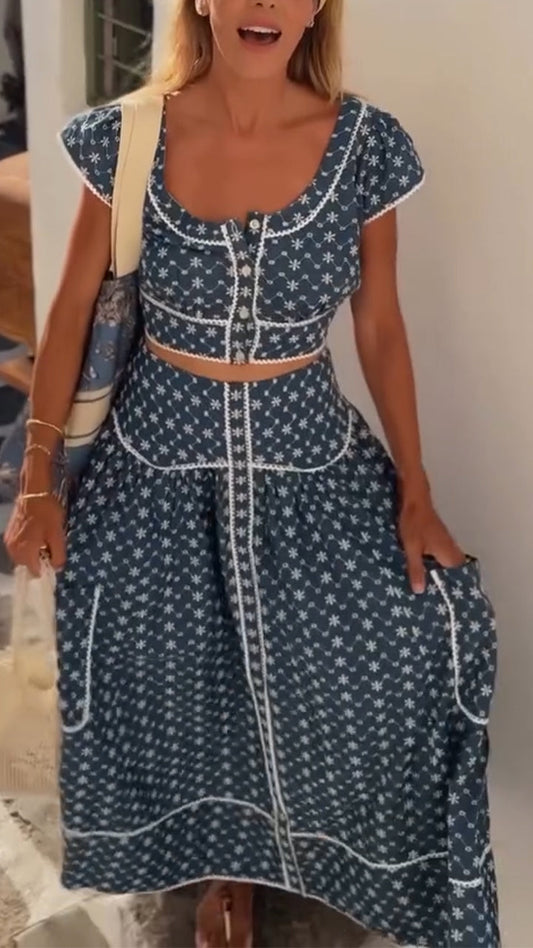 Ladies' Large U Collar Splicing Printed Casual Set