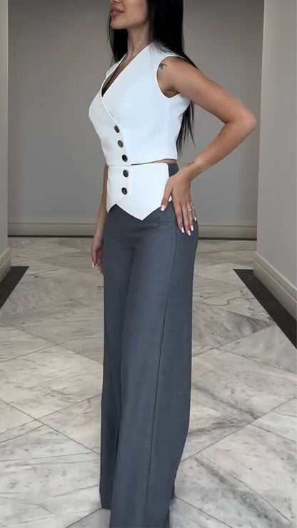 Women's V-neck Metal Buckle Decorative Top+ Spliced Pants Commuting Set - MYSTERYBOXS