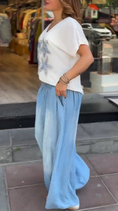 Ladies' V-neck Star Printed Rhinestone Top+ Wash Pants Casual Set - MYSTERYBOXS
