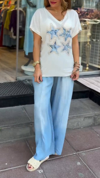 Ladies' V-neck Star Printed Rhinestone Top+ Wash Pants Casual Set - MYSTERYBOXS