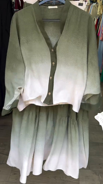 Ladies' V-neck Breasted Gradient Top+ Skirt Casual Set - MYSTERYBOXS