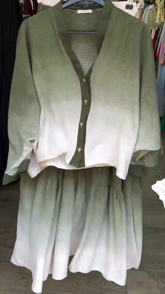Ladies' V-neck Breasted Gradient Top+ Skirt Casual Set