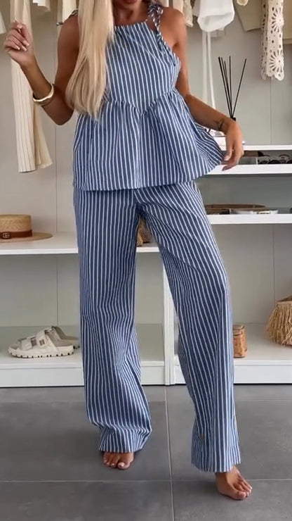 Ladies' Spaghetti Strap Hollowed Out Vertical Stripe Top+ Pants Casual Suit - MYSTERYBOXS