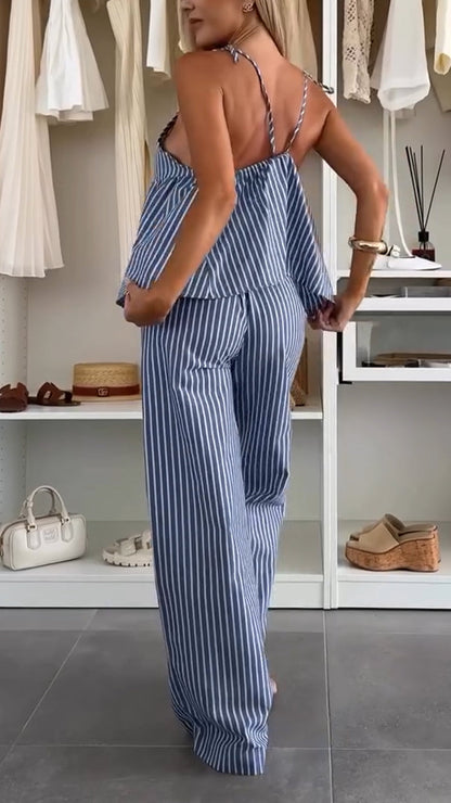 Ladies' Spaghetti Strap Hollowed Out Vertical Stripe Top+ Pants Casual Suit - MYSTERYBOXS