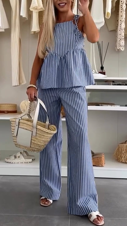 Ladies' Spaghetti Strap Hollowed Out Vertical Stripe Top+ Pants Casual Suit - MYSTERYBOXS