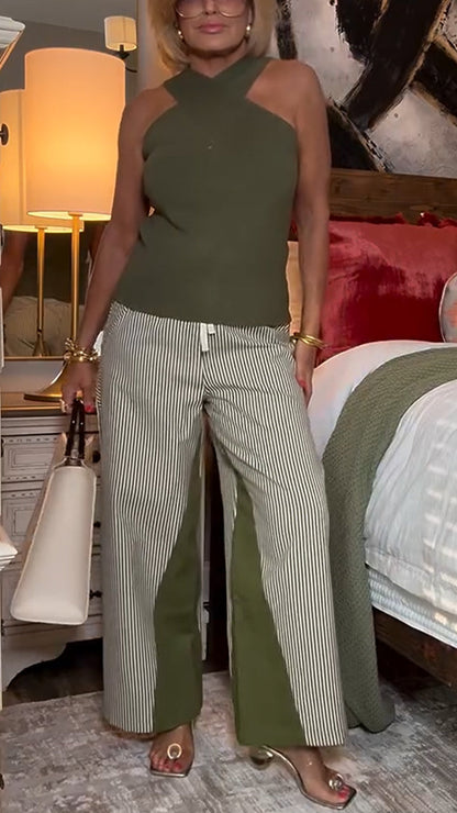 Ladies' Cross Neckline Top+ Striped Patchwork Pants Casual Set - MYSTERYBOXS