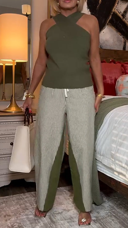 Ladies' Cross Neckline Top+ Striped Patchwork Pants Casual Set - MYSTERYBOXS