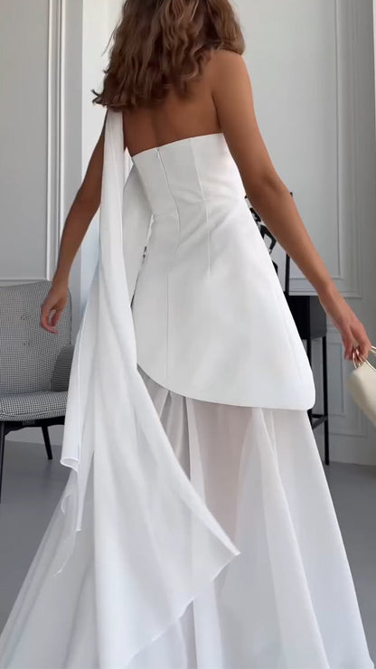 Ladies' Strapless Irregular Top+ Split Skirt Party Dinner Temperament Set - MYSTERYBOXS