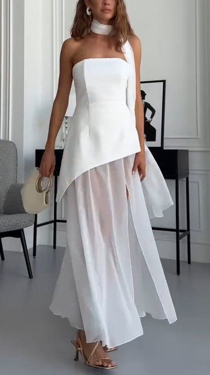 Ladies' Strapless Irregular Top+ Split Skirt Party Dinner Temperament Set - MYSTERYBOXS