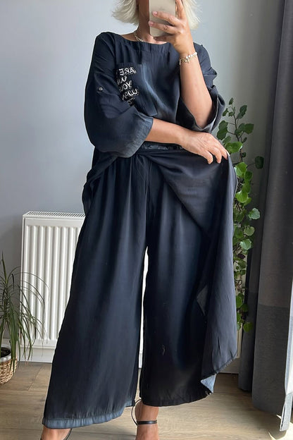 Ladies' Round Neck Printed Letter Top+ Spliced Fake Two-piece Pants Casual Set - MYSTERYBOXS