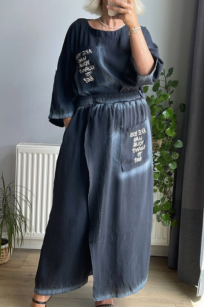 Ladies' Round Neck Printed Letter Top+ Spliced Fake Two-piece Pants Casual Set - MYSTERYBOXS