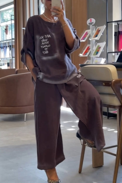 Ladies' Round Neck Printed Letter Top+ Spliced Fake Two-piece Pants Casual Set - MYSTERYBOXS
