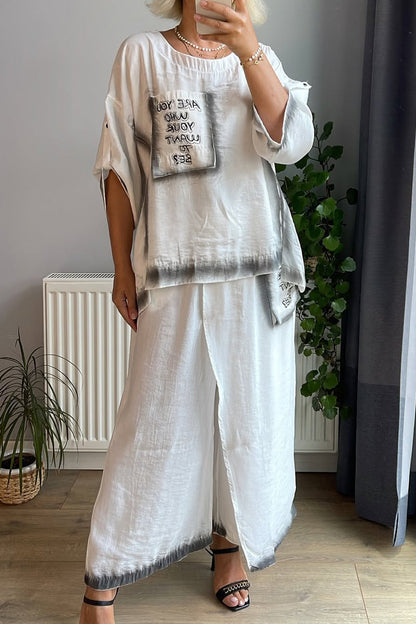 Ladies' Round Neck Printed Letter Top+ Spliced Fake Two-piece Pants Casual Set - MYSTERYBOXS