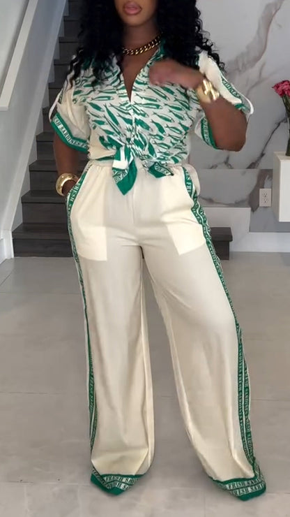 Ladies' Collar Printed Top+ Vertical Striped Pants Casual Suit - MYSTERYBOXS