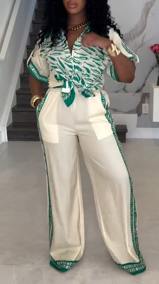 Ladies' Collar Printed Top+ Vertical Striped Pants Casual Suit