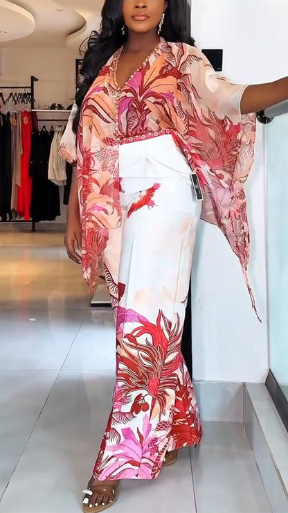 Ladies' V-neck Printed Top + Pants Casual Set - MYSTERYBOXS