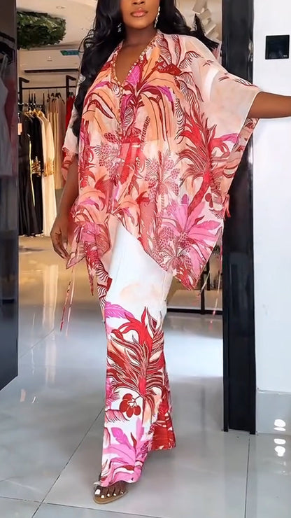 Ladies' V-neck Printed Top + Pants Casual Set - MYSTERYBOXS