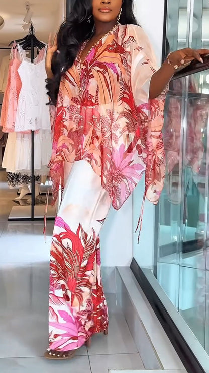 Ladies' V-neck Printed Top + Pants Casual Set - MYSTERYBOXS
