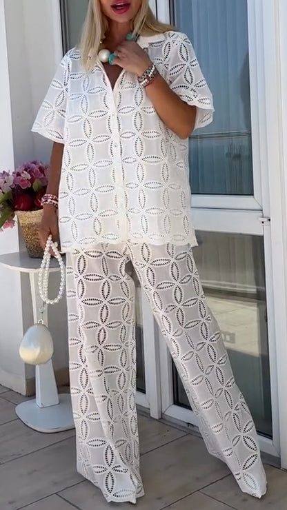 Ladies' Collar Printed Hollow Top+ Pants Casual Set - MYSTERYBOXS
