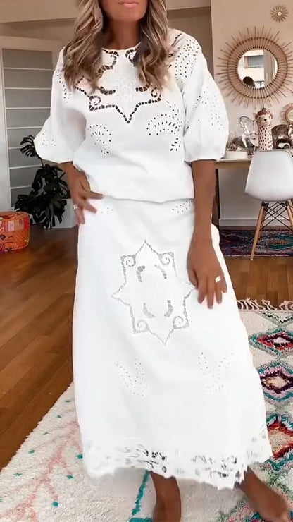 Ladies' Round Neck Printed Hollow Top+ Half Skirt Casual Suit - MYSTERYBOXS