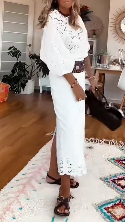 Ladies' Round Neck Printed Hollow Top+ Half Skirt Casual Suit - MYSTERYBOXS