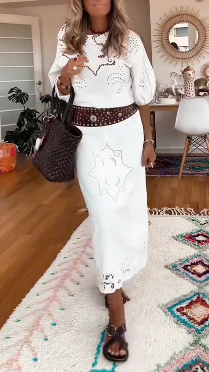 Ladies' Round Neck Printed Hollow Top+ Half Skirt Casual Suit - MYSTERYBOXS