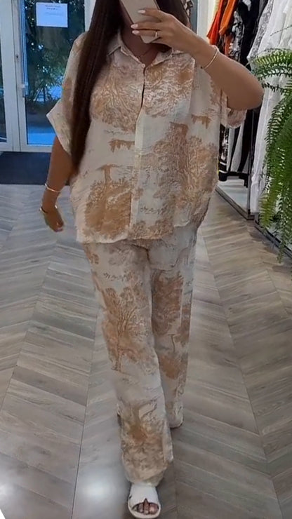 Ladies' Collar Print Loose Casual Suit - MYSTERYBOXS