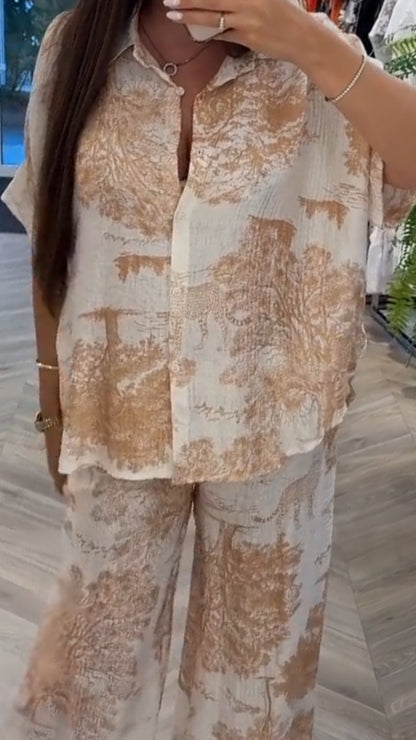 Ladies' Collar Print Loose Casual Suit - MYSTERYBOXS