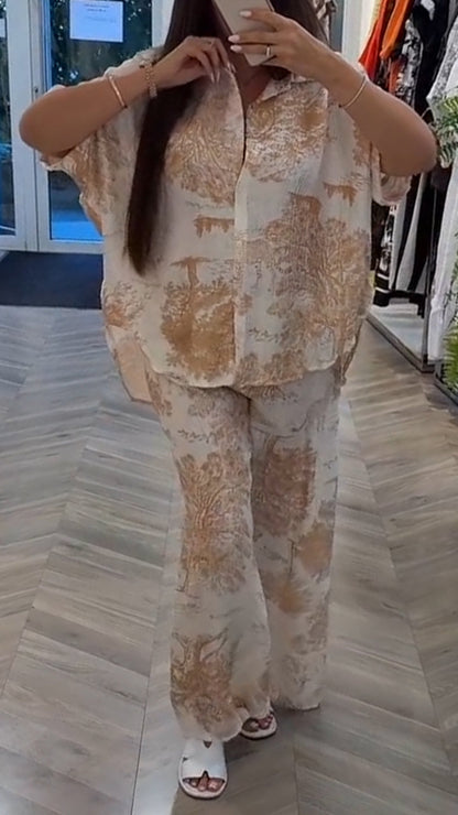 Ladies' Collar Print Loose Casual Suit - MYSTERYBOXS