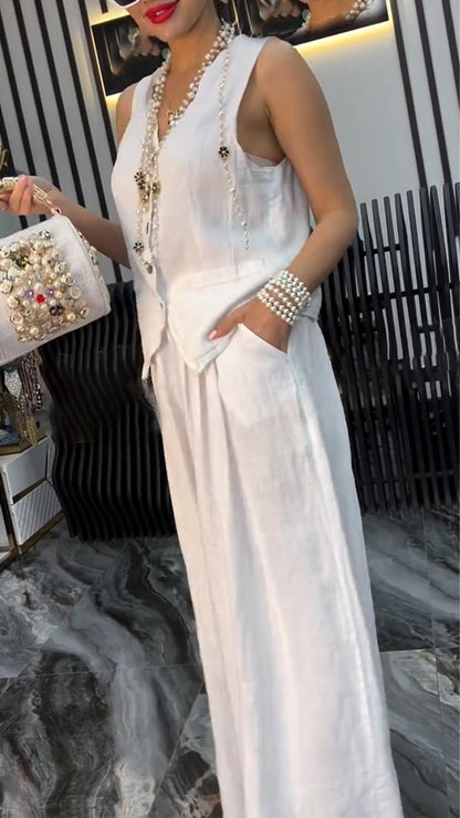 Women's V-neck Breasted Top+ Pants Loose Casual Suit - MYSTERYBOXS