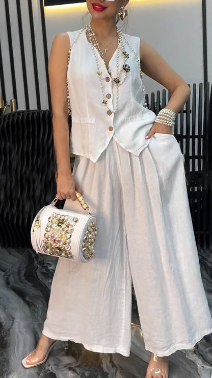 Women's V-neck Breasted Top+ Pants Loose Casual Suit - MYSTERYBOXS