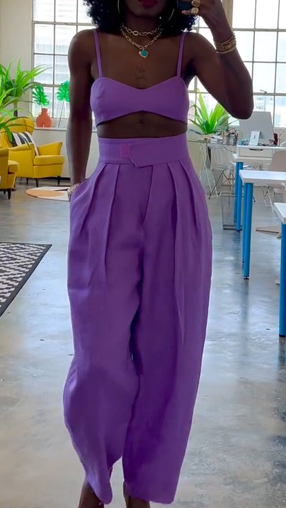 Women Camisole Strapless Top+ Pants Solid Color Casual Suit - MYSTERYBOXS
