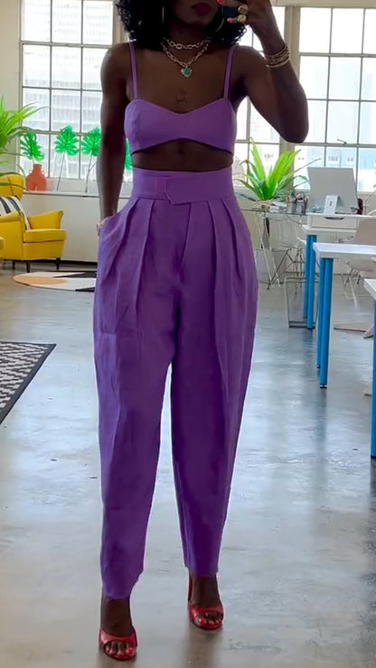 Women Camisole Strapless Top+ Pants Solid Color Casual Suit - MYSTERYBOXS