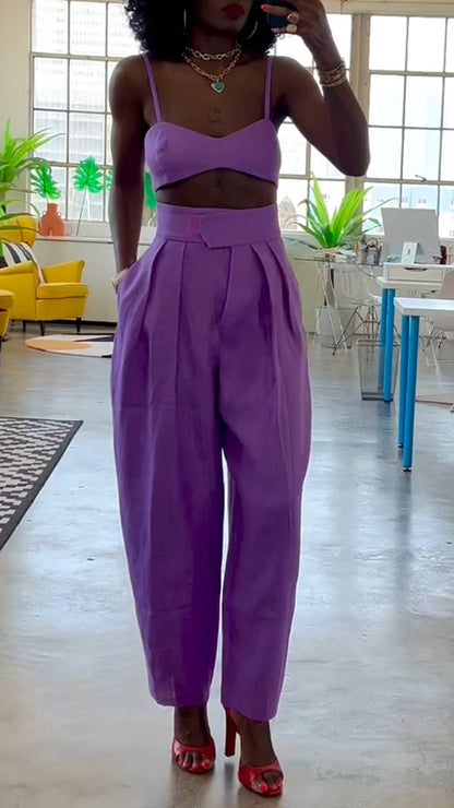 Women Camisole Strapless Top+ Pants Solid Color Casual Suit - MYSTERYBOXS