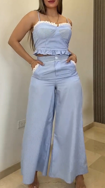 Ladies Camisole Patchwork Lace Top+ Pants Casual Suit - MYSTERYBOXS