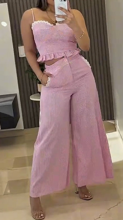 Ladies Camisole Patchwork Lace Top+ Pants Casual Suit - MYSTERYBOXS