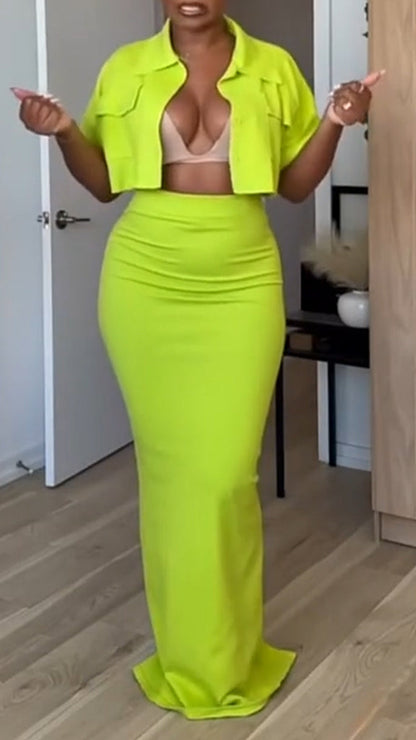 Ladies' Lapel Short Top+skirt Commuting Style Set - MYSTERYBOXS