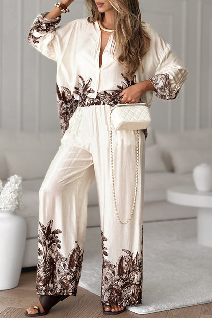 Women Collar Printed Top + Pants Loose Casual Suit - MYSTERYBOXS