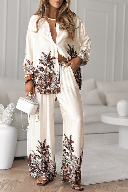Women Collar Printed Top + Pants Loose Casual Suit - MYSTERYBOXS