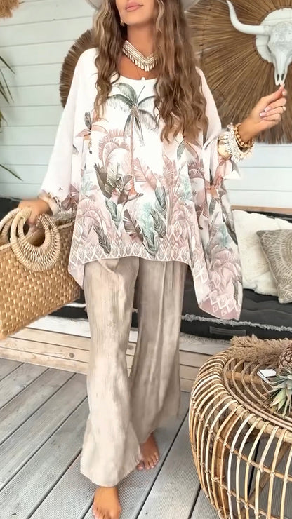 Ladies Round Neck Printed Top + Pants Vacation and Leisure Set - MYSTERYBOXS