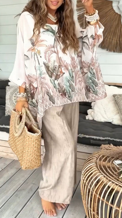 Ladies Round Neck Printed Top + Pants Vacation and Leisure Set - MYSTERYBOXS