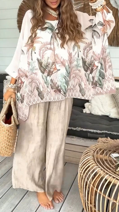 Ladies Round Neck Printed Top + Pants Vacation and Leisure Set - MYSTERYBOXS