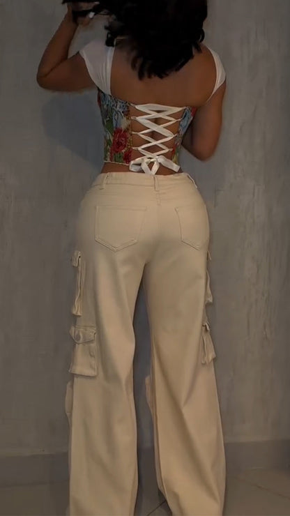 Ladies Square Collar Printed Back Strap Top+ Multi Pocket Patchwork Pants Casual Set - MYSTERYBOXS