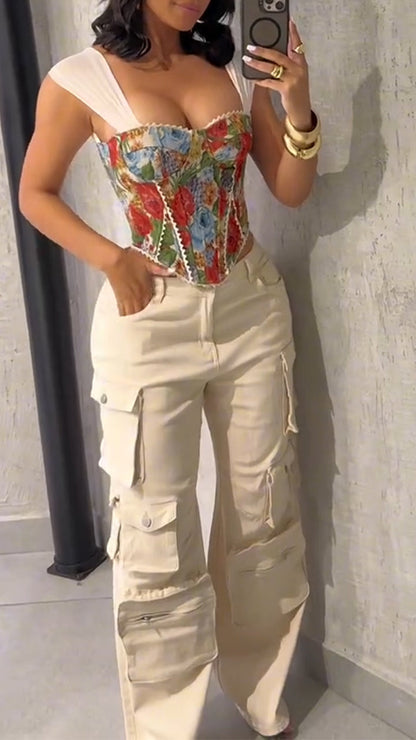 Ladies Square Collar Printed Back Strap Top+ Multi Pocket Patchwork Pants Casual Set - MYSTERYBOXS