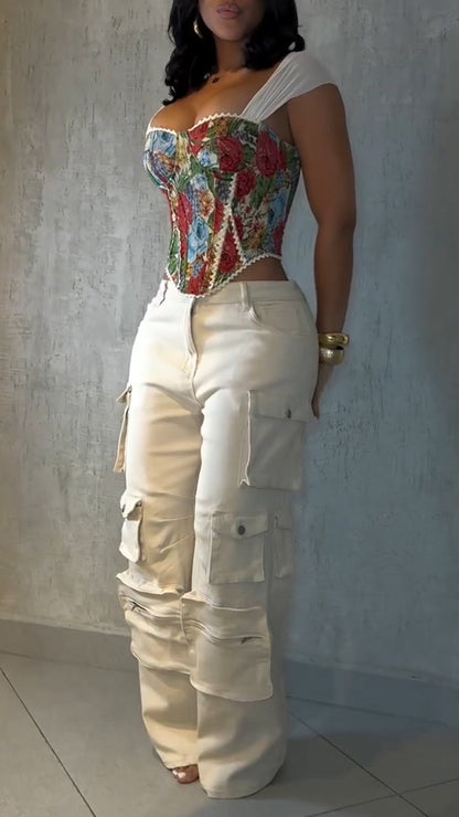 Ladies Square Collar Printed Back Strap Top+ Multi Pocket Patchwork Pants Casual Set - MYSTERYBOXS